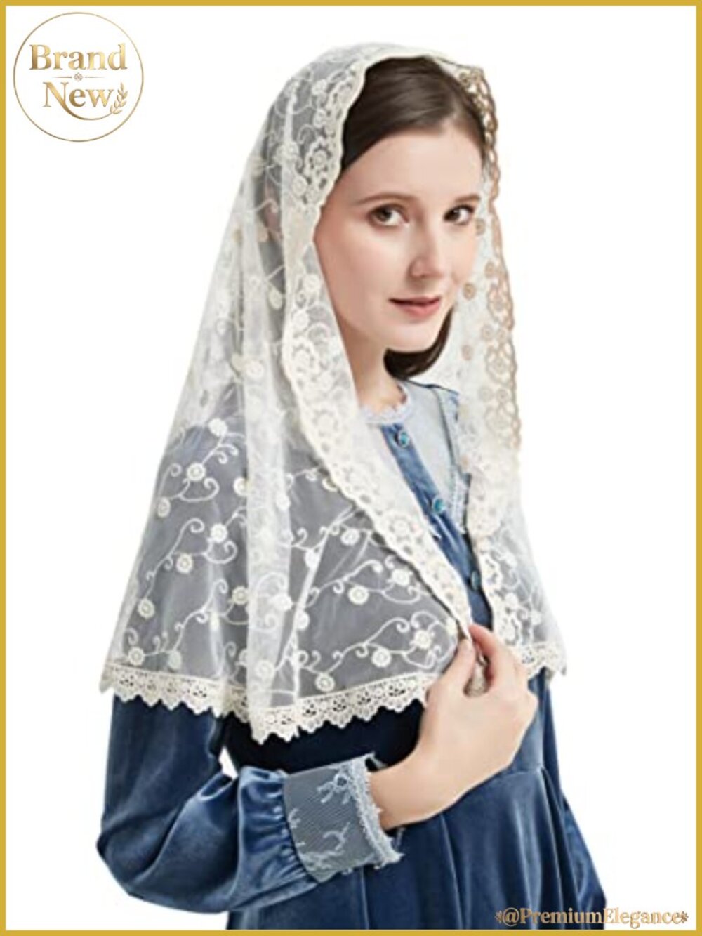 Beige Embroidered Mantilla Veil Vintage Catholic Latin Mass Lace Chapel Wedding